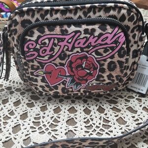 Ed Hardy Pink and Red Floral Leopard Crossbody Bag